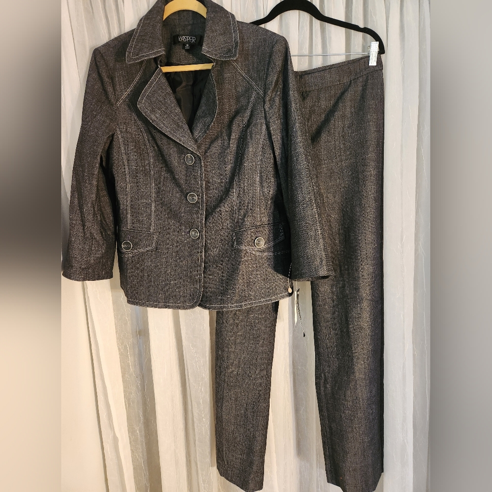 Kasper Women's Charcoal Denim Pantsuit Size 16 Business White Topstitch NWT - Picture 2 of 16
